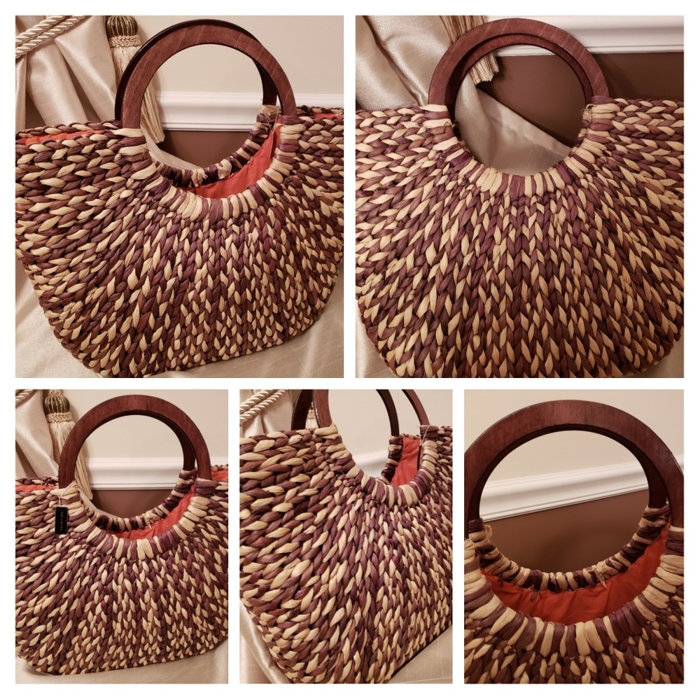 The Limited Straw Bag Tote Satchel Wood Handle NWT
